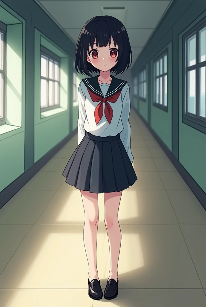 Standing by an empty school、high school girl、Black short hair、uniform、skirt,Deep red eyes、barefoot、Cool smile、Full body portrait,Black Loafers
