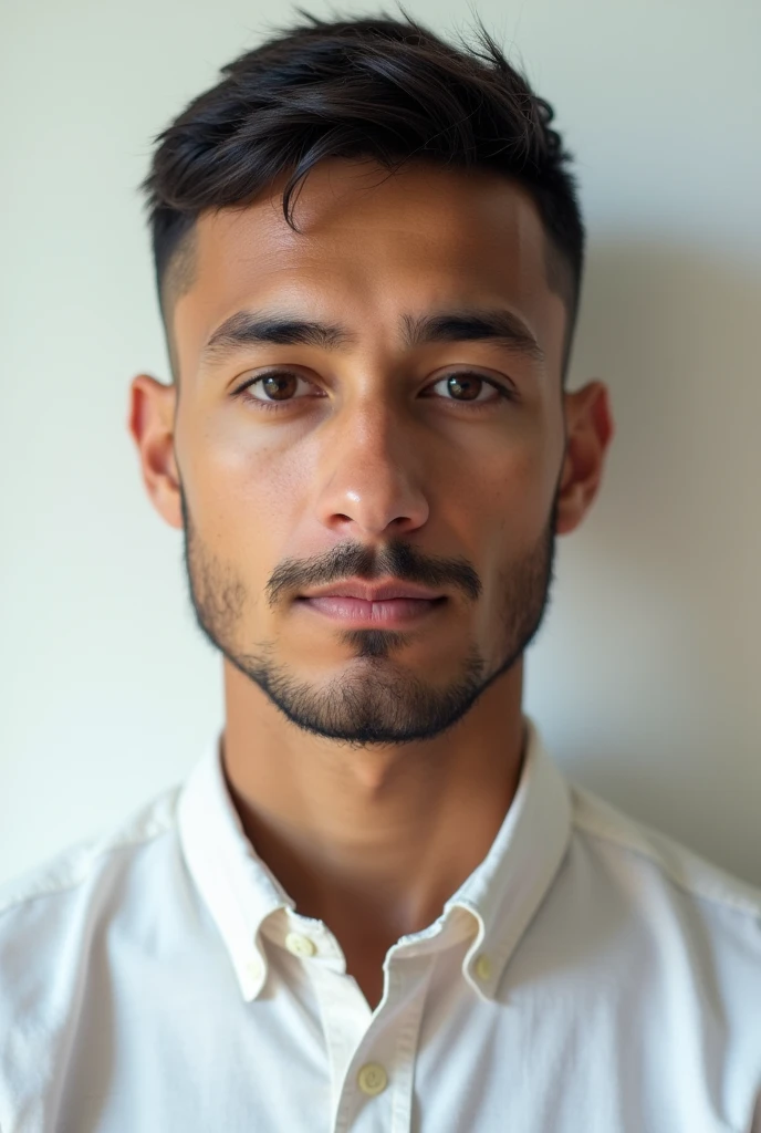Agora crie um offwhite, Youngh, with a simple photo, front camera with a dress shirt. He is SDR, offwhite, hair cut like a football player, and the background must be a white wall. It must be extremely realistic. He must have a Brazilian look, simpler, with a thin and ugly beard. The photo must be of the bust.