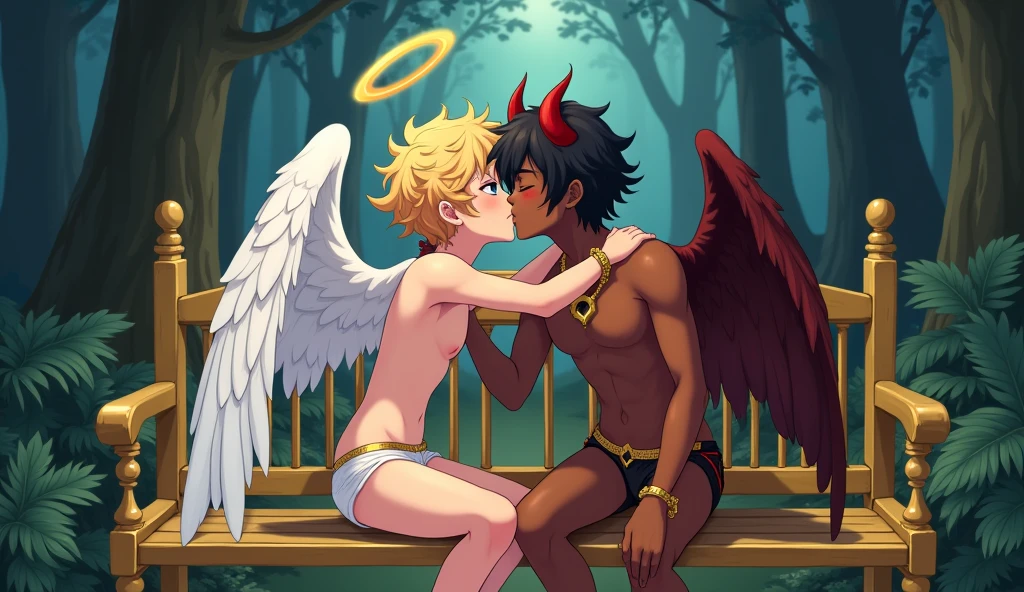 Two boys, they are sitting on a golden bench and are kissing. The boy on the left is an angel. He has curly blond hair, blue eyes, fair skin, angel wings, a halo on his head, and is only wearing a white and gold thong. The boy on the right is a demon. He has brown skin, black hair, horns, red eyes, demon wings, and is wearing a gold necklace and gold bracelets. They are only wearing a black thong with red details. They are in a forest at night. They are kissing passionately. The image has to be in a cute anime shota.
