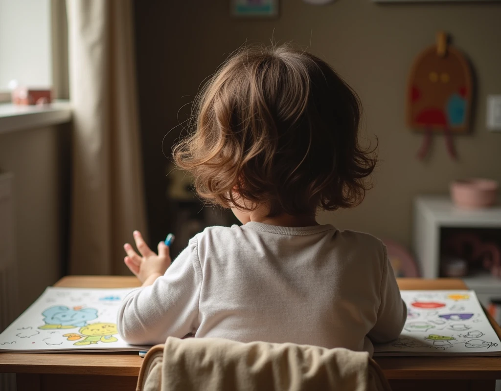 photo seen from behind of a child coloring a book