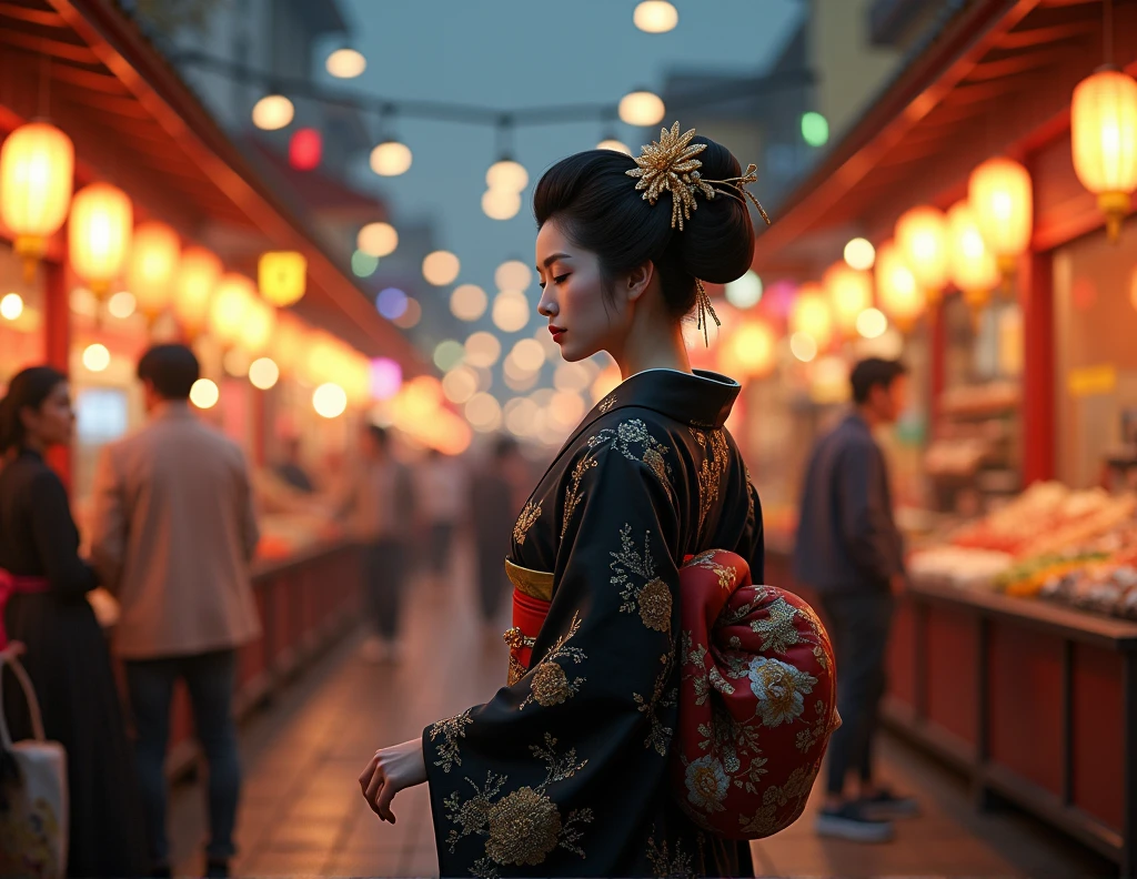 • A geisha in a black kimono with gold and silver details, walking through a Japanese night market, with food stalls, bright lanterns, and a festive atmosphere, while people gather around the stalls, enjoying the night ambiance.
