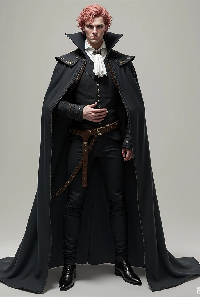 Cute but sturdy french guy, styled as an executioner, with sharp gaze, pale blue eyes, and curly dusty pink hair. Wearing cape