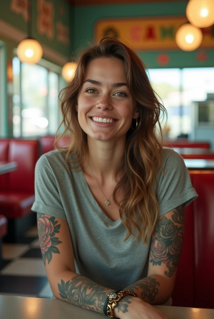 Street photography of a young woman, smile, happy, beautiful t-shirt, tattoos on his arms, sitting in a 50's restaurant