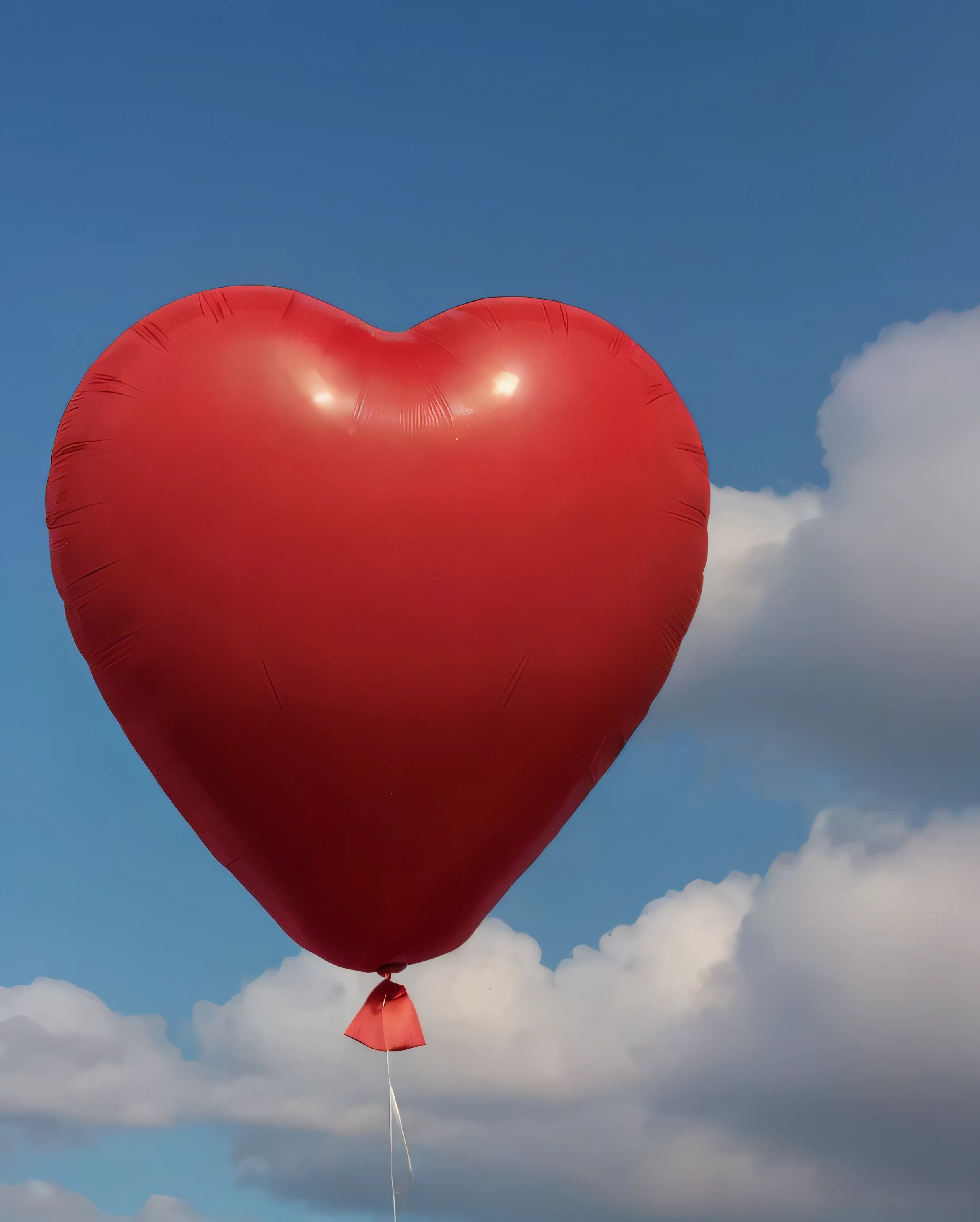 Realistic photo of a heart-shaped red balloon floating against a clear blue sky, with natural sunlight highlighting the balloon’s smooth texture