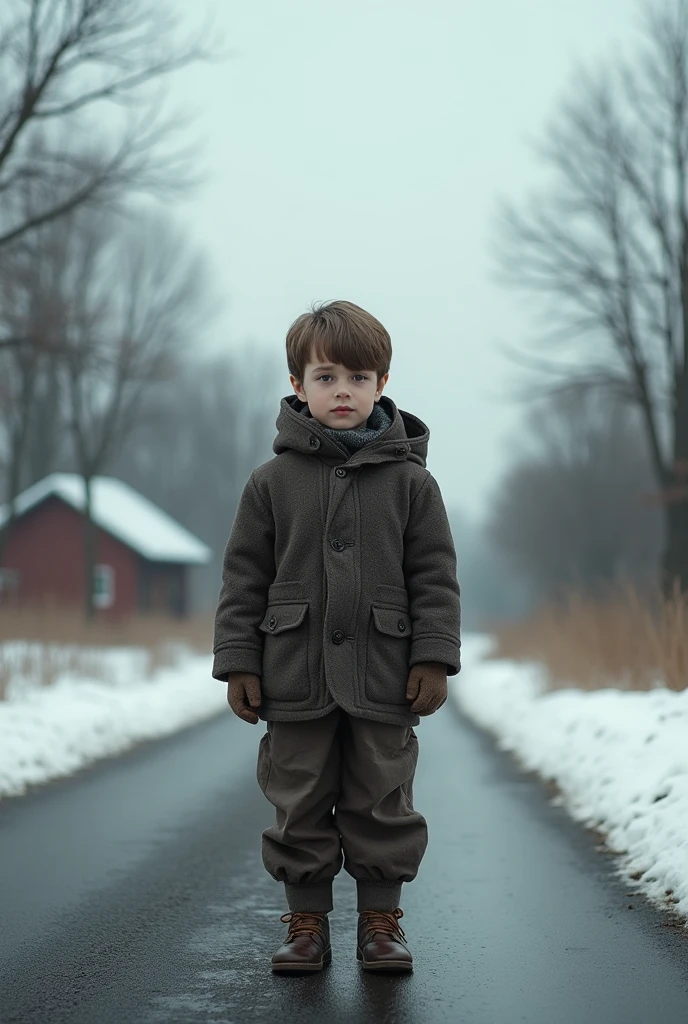 An 1 boy is standing on the road wearing a coat and pants