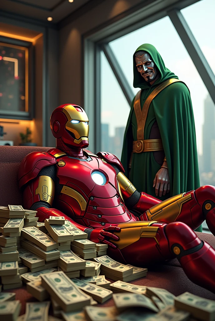 I want a iamge in his room of iron man with a full or money and he is enjoying on it and a dr doom are loocking and smile on iron man