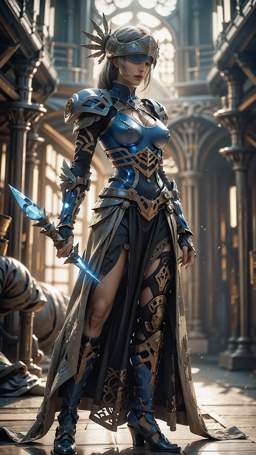 Make a 'kitbash' of Lenneth from 'Valkyrie profile' and 2B from 'Nier: Automata', combine 2B and Lenneth, solo, 1girl, BREAK: ((bright sapphire blue plate mech4rmor)), (keyhole cutout), blue plate helmet front decoration, thigh cutout, long skirt, (blindfold:1.27), wings, BREAK: standing contrapposto, (holding glowing spear), light smile, strong arms, strong thighs, strong calves, BREAK: plains, castle, BREAK: (better hands, best hands,) (insanely detailed, masterpiece, best quality), strong_negative, Chinese style 