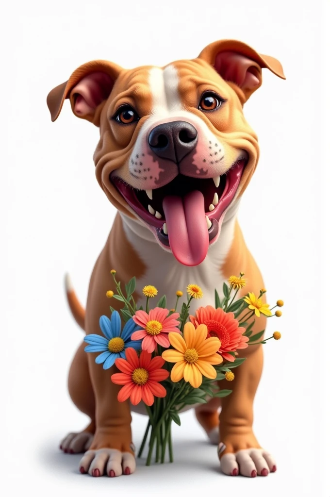 Can you create an image for me where a pitbull dog appears laughing with its tongue hanging out on a white background and that has a bouquet of flowers between its paws?