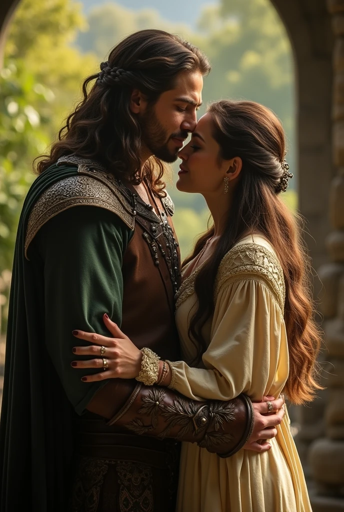 Black long-haired Indian woman and blonde white man hugging and kissing,The background is colored wind and colorful woods,upperbody closeup,The color of the wind,Disney live-action films
