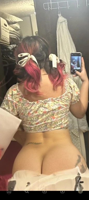woman with pink hair taking a picture of herself in the mirror, wearing pink hair bow, pigtails, colorful pigtail, wearing underwear, with pink hair, back of the hair, roses in her hair, pink hair covered with hairpins, view from the back, curvy and bow, shot from the back, thick bow, insanely inflated hips, beautiful girl, big ass, huge ass, bbw, from behind, thick, thick thighs, wide hips, bbw, big , sideboob, giant ass, side view, big butt, round butt, tight underwear, underwear halfway off, underwear taking off, grabbing ass, ass spilling over underwear, too thick for clothes, side angle, chubby stomach, big , filipina, naked fat ass on sink riding a dildo, giantess