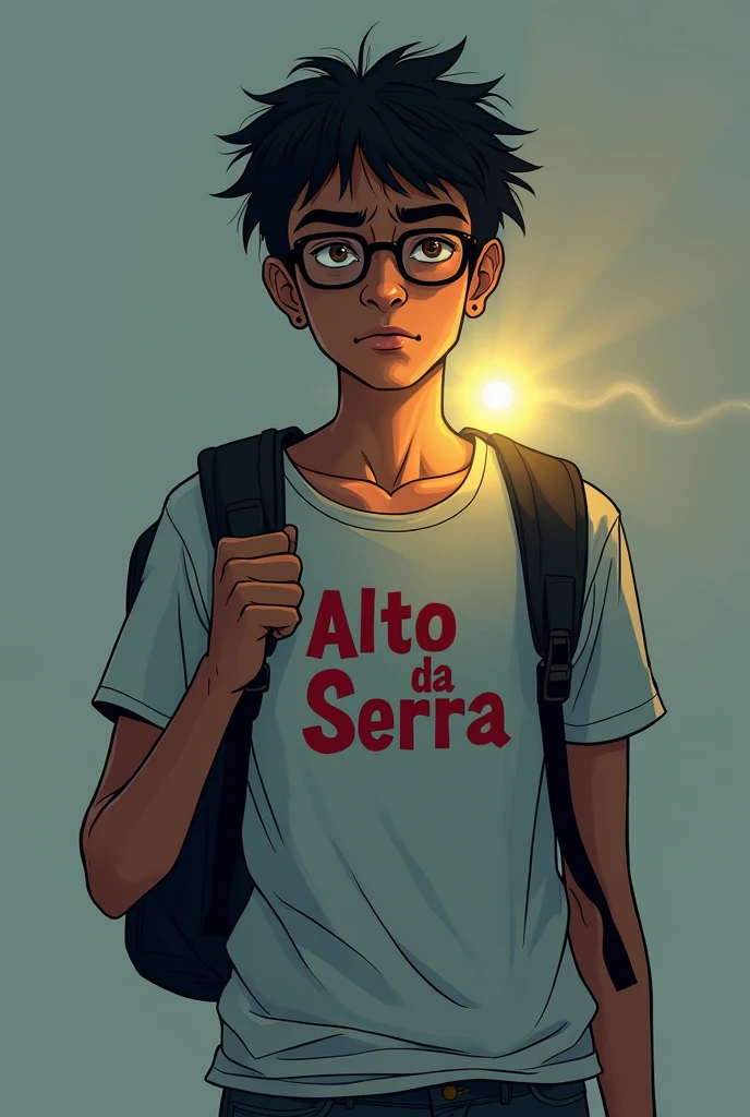 20-year-old brown man with a mysterious expression, older details on your face, he is in full body holding a flashlight and wearing a backpack, half finished with a sleepy face always, medium dark brown hair, thin and sedentary wearing glasses and looking like a nerd, It has a kind of dark academia style, Full-body image, with a summer camp t-shirt that says Alto da Serra in red,no back ground, dc comics art style