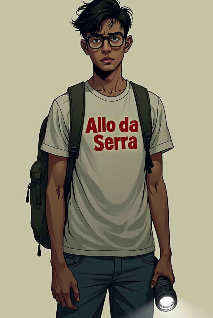 20-year-old brown man with a mysterious expression, older details on your face, he is in full body holding a flashlight and wearing a backpack, half finished with a sleepy face always, medium dark brown hair, thin and sedentary wearing glasses and looking like a nerd, It has a kind of dark academia style, Full-body image, with a summer camp t-shirt that says Alto da Serra in red,no back ground, dc comics art style
