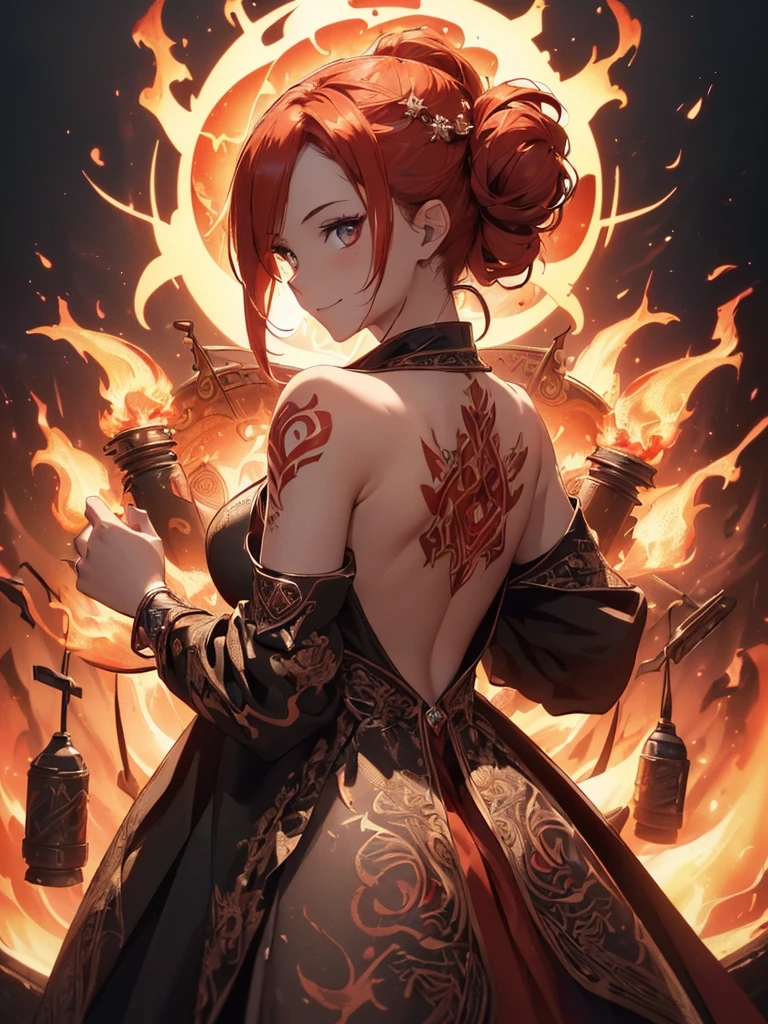 (((best quality, sharp image, clear image, cinematic lighting, 8k resolution, masterpiece, ultra detailed, intricate))) Girl, ((shot from behind)), ((close up)), look at viewer, fire mage, ((intricate background)), ((chaotic background)), red hair, smiling, ((flame runes, flame sigils)), (tatoo on back), slim figure, flying sigils, long dress, cute