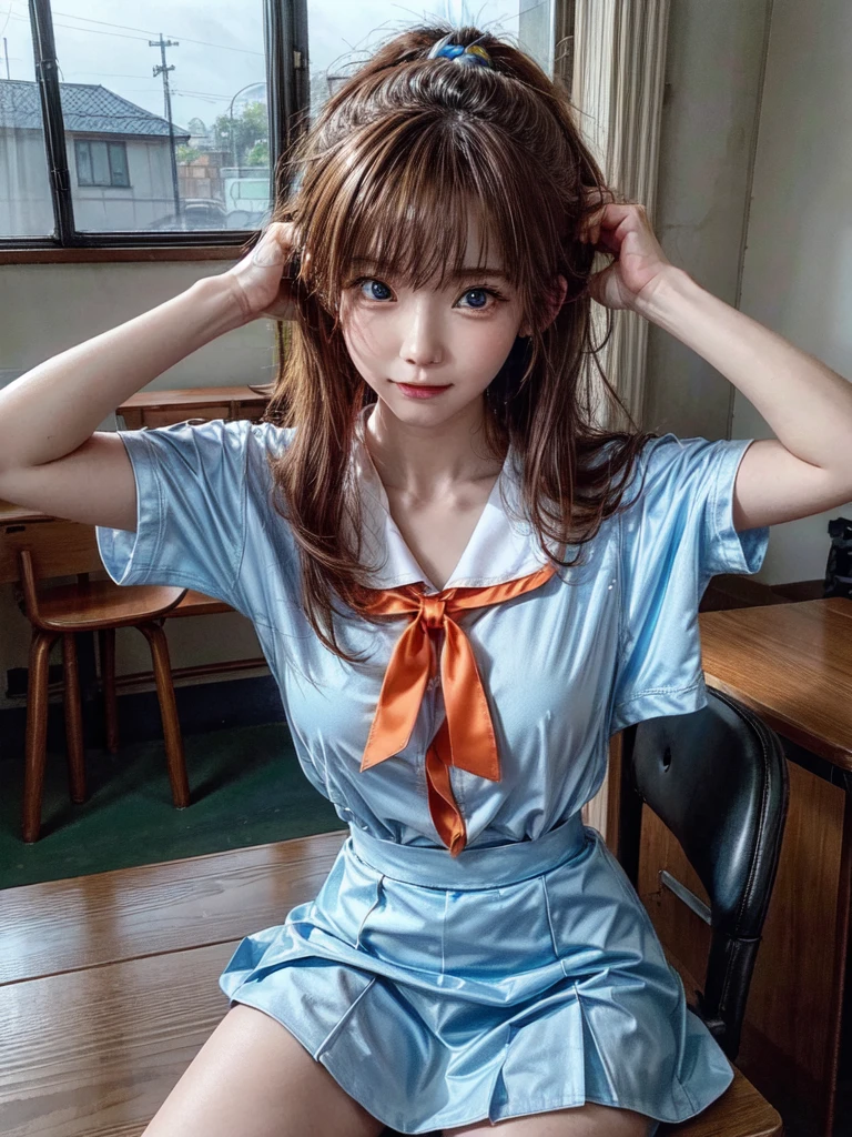 （8k, Highest quality, The pieces fly:1.2)、Ultra-high resolution、anime,1. Very cute,Asuka Langley,Highly detailed face, Fine grain,blue eyes,,White sailor collar plain short sleeve shirt,Light blue skirt,Light blue suspenders,uniform_Red ribbon,Orange Hair,Long Hair、Detailed hand and fingers,put your hands in your hair,Grin、sitting on desk,Shooting from above,classroom