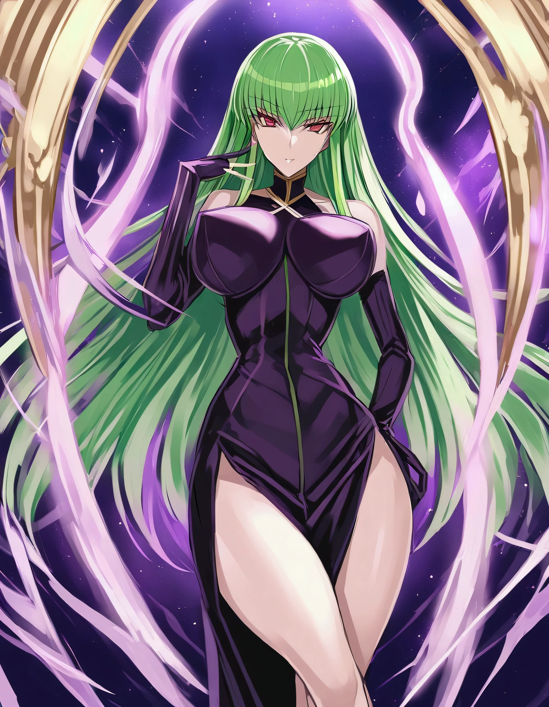 (by honjou_raita:1.2),1girl, c.c., code geass,masterpiece,cross legs,green hair,look at viewer,huge breats,cowboy shot,