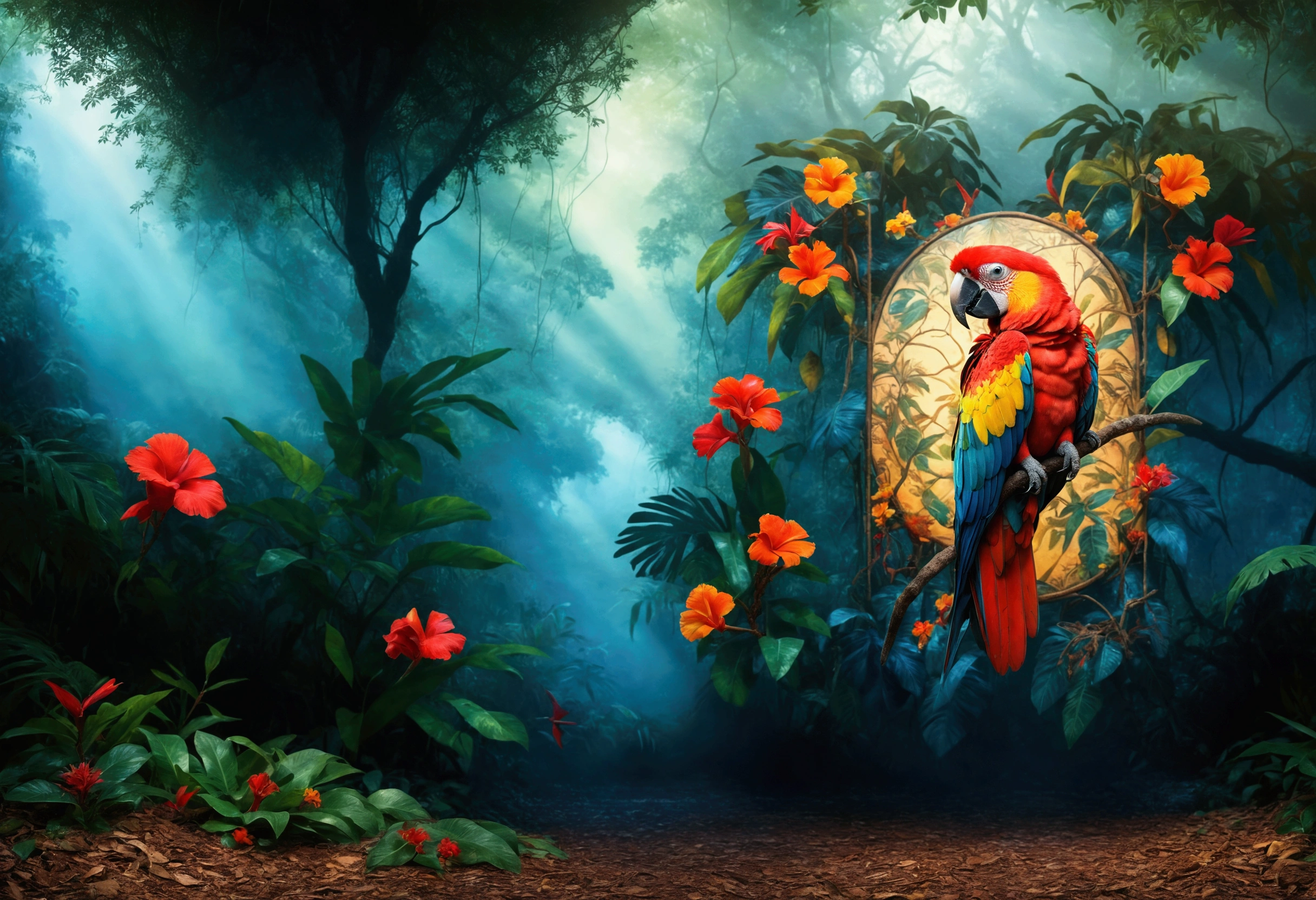 There is a colorful parrot sitting on a tree in the jungle, MYSTERIOUS HYPERREALISTIC PHOTOGRAPHY OF THE JUNGLE, Beautiful UHD 4K art, magical forest background, Highly detailed 4k digital art, Rare bird in the jungle, 8K high quality detailed art, hd wallpaper, beautiful jungle, Artistic 4K, fantasy jungle, background jungle, high definition colorful image, Amazon rainforest background