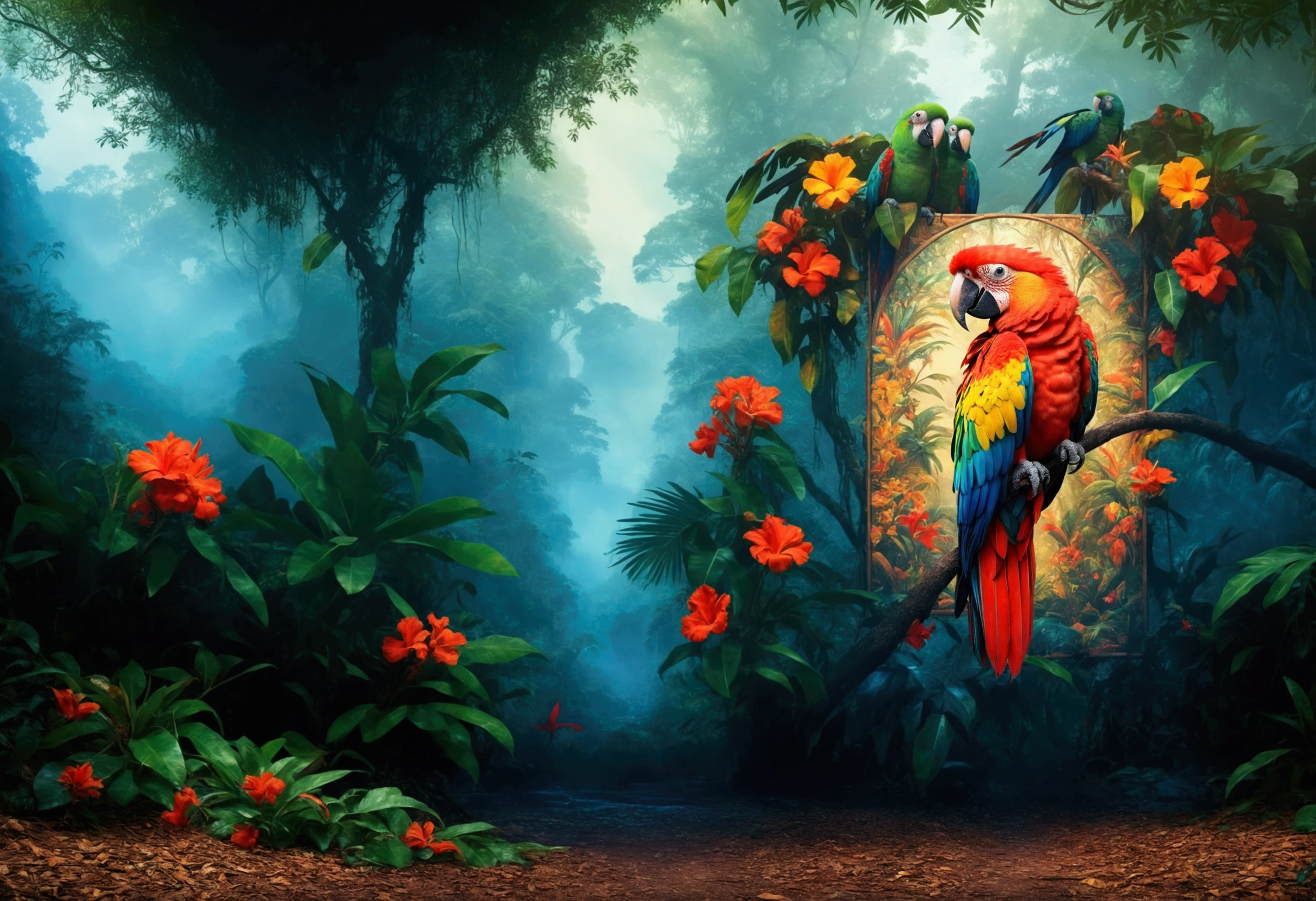 There is a colorful parrot sitting on a tree in the jungle, MYSTERIOUS HYPERREALISTIC PHOTOGRAPHY OF THE JUNGLE, Beautiful UHD 4K art, magical forest background, Highly detailed 4k digital art, Rare bird in the jungle, 8K high quality detailed art, hd wallpaper, beautiful jungle, Artistic 4K, fantasy jungle, background jungle, high definition colorful image, Amazon rainforest background