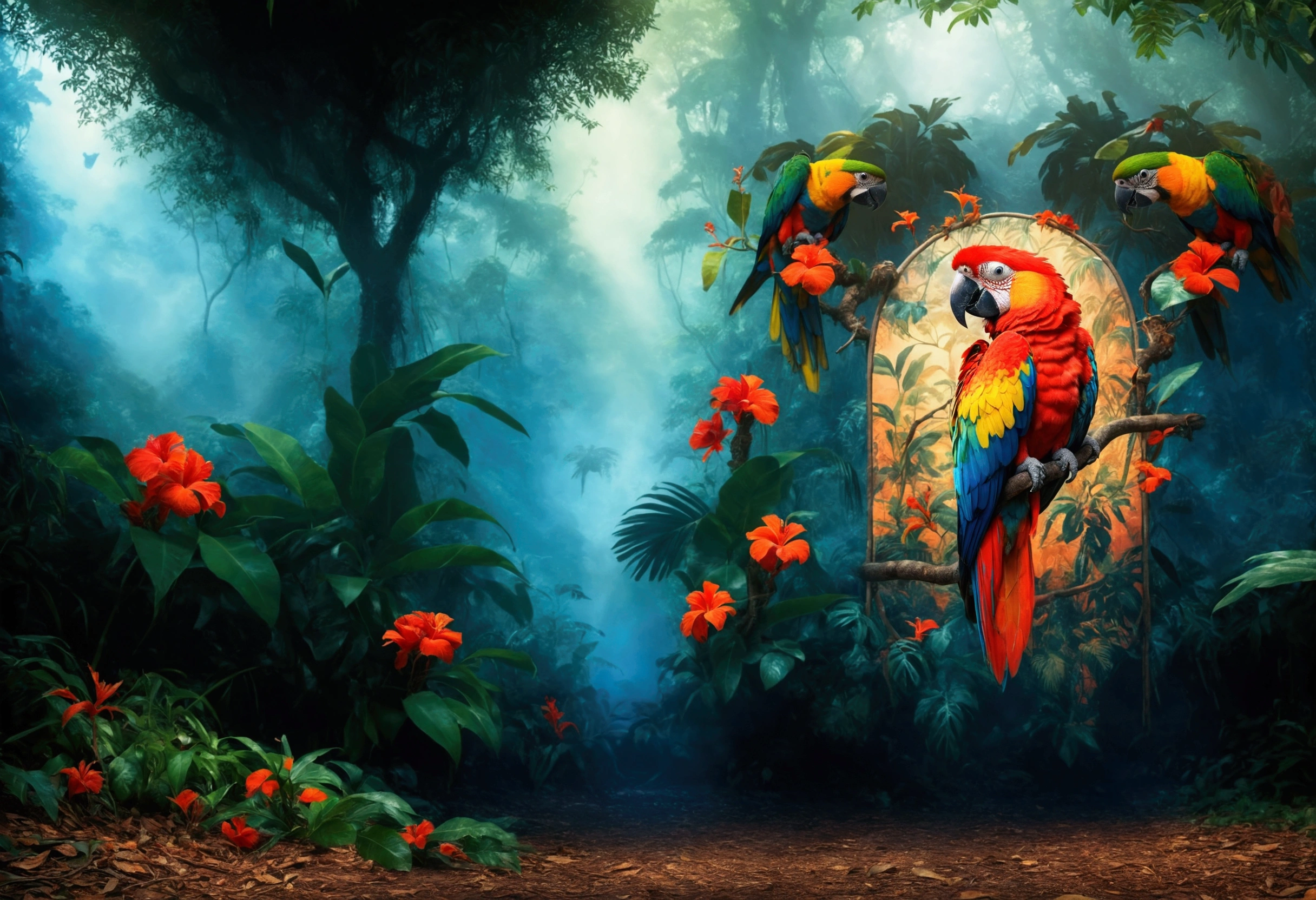 There is a colorful parrot sitting on a tree in the jungle, MYSTERIOUS HYPERREALISTIC PHOTOGRAPHY OF THE JUNGLE, Beautiful UHD 4K art, magical forest background, Highly detailed 4k digital art, Rare bird in the jungle, 8K high quality detailed art, hd wallpaper, beautiful jungle, Artistic 4K, fantasy jungle, background jungle, high definition colorful image, Amazon rainforest background