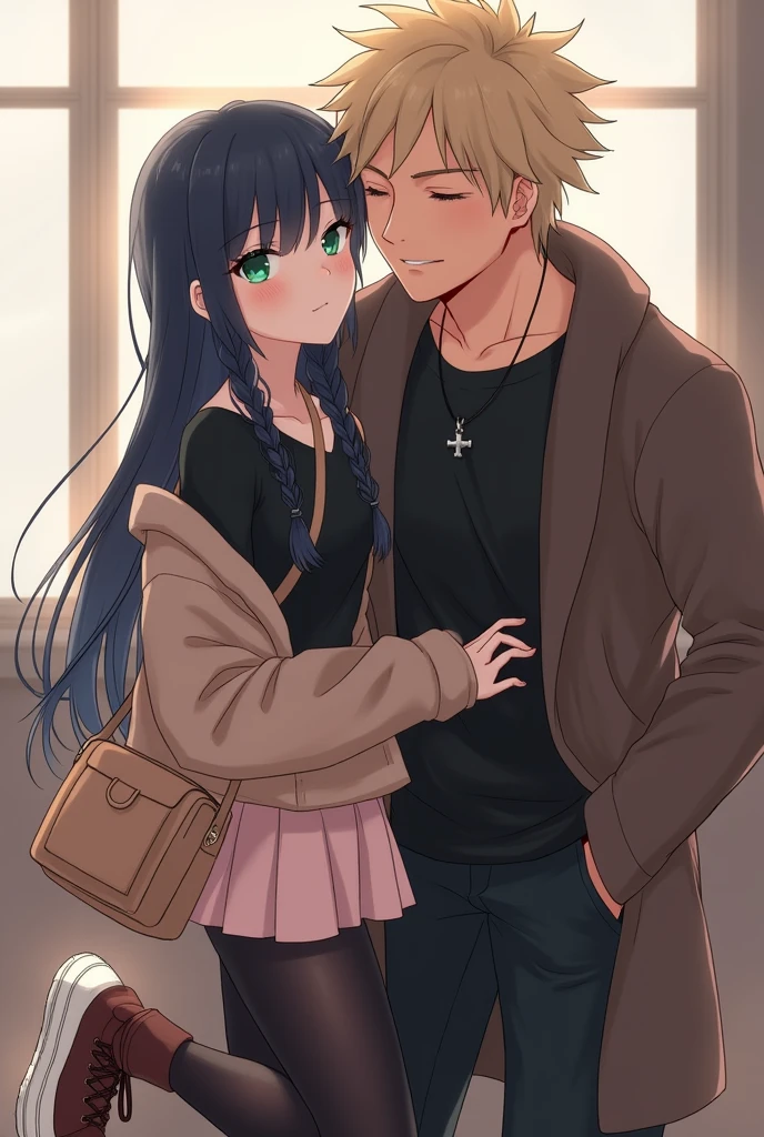Tall teenage girl with navy blue hair tied in two braids, green eyes, pale skin with freckles on the face, usa una black long sleeve t-shirt y cuello v, silver pendant, pale pink skirt, black stockings brown boots,a light brown cardigan sweater and light brown crossbody bag kissing tall teenage boy with messy blonde hair, black long sleeve t-shirt, somewhat baggy black pants, white tennis shoes and dark brown coat, anime style
