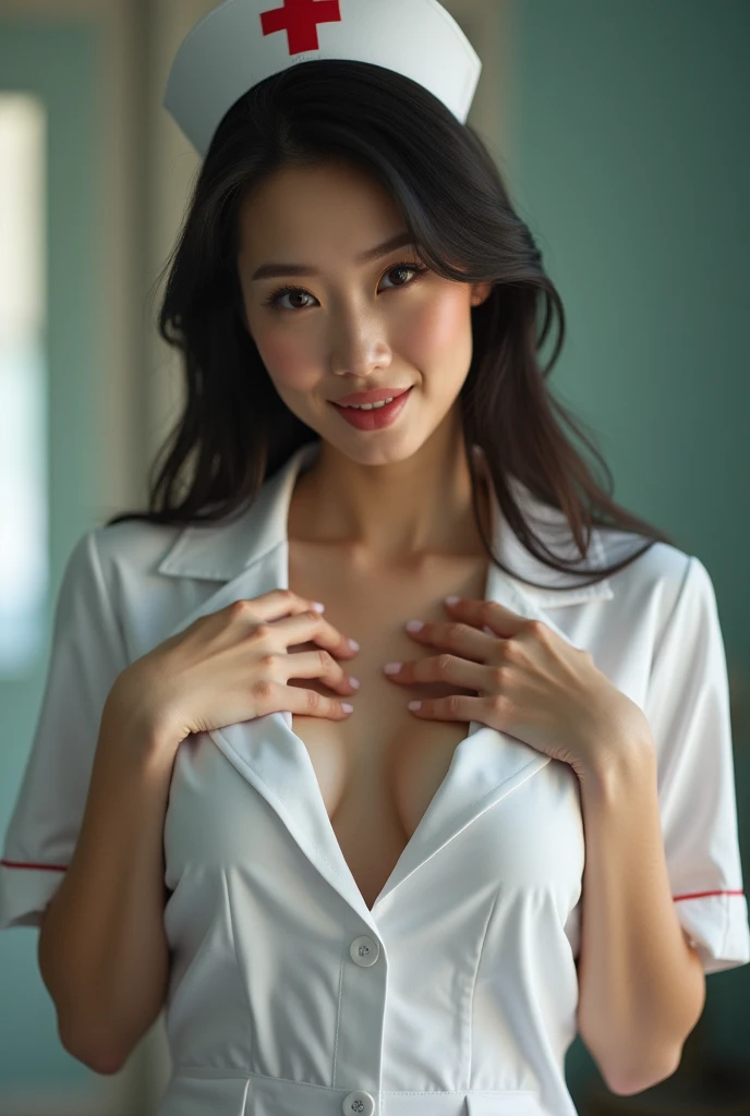 American woman with Asian features in a sexy nurse uniform showing her breasts and caressing her clitoris in a seductive way. censorship