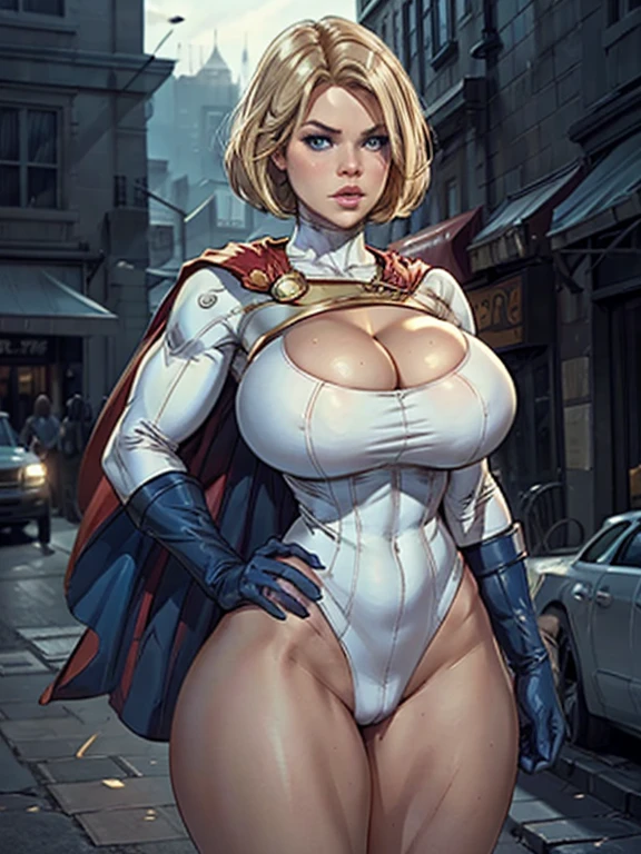Alice Eve ss Power Girl, standing looking at the viewer, cleavage, round boobs, slim waist, curvy hips, slim athletic body, wearing Power Girl outfit, tight outfit, blue gloves, cape, cameltoe, short blonde hair, beautiful detailed eyes, beautiful detailed lips, beautiful detailed nose, comic art style, streets in background, hands on her hip, dramatic lighting, PhotoRealistic, Power Girl from dc comics