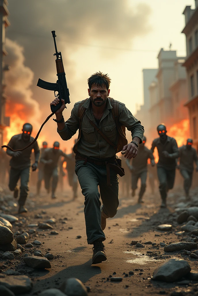 a man with the AK 47 running from zombies during zombies apocalypse, destroyed and burning city background,
