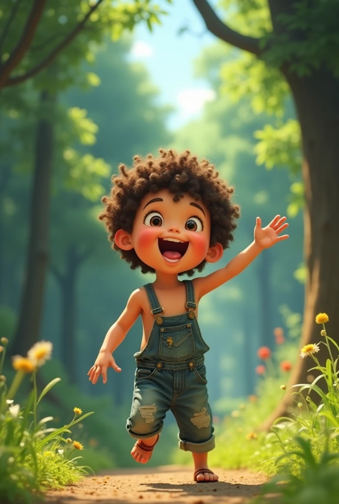 young boy, little kid, old and destroyed overalls, one strap, bare chest, curly sun-kissed hair, tongue out, shirtless, happy, excited, beautiful, colorful, hyper detailed, woods, 8k, Studio Ghibli style