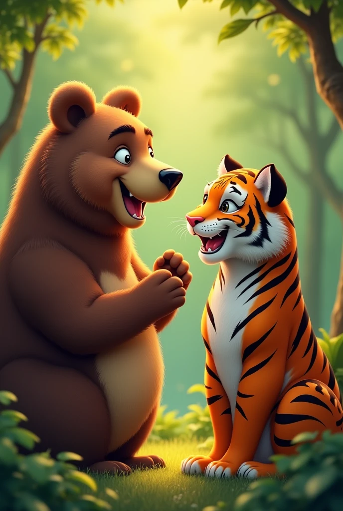 The bear smiled and said, 'Yes, when we work together, nothing is impossible.'"

The bear laughing and looking at the tiger, both of them joyfully gazing at each other. 