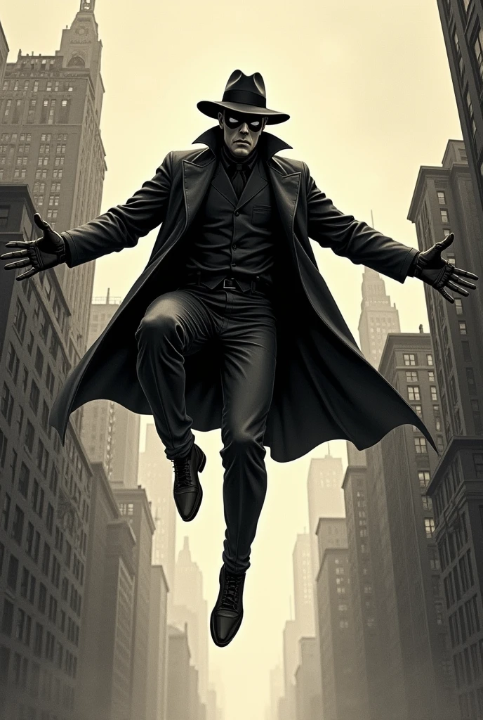 Draw of a mysterious detective man, falling in the air among buildings wearing black hatblack coat, Black gloves, black pants, a spiderman mask, soft lighting, vintage 1930 new york background, exagered heroic pose, vintage sketchbook draw, intricate details, vintage colors