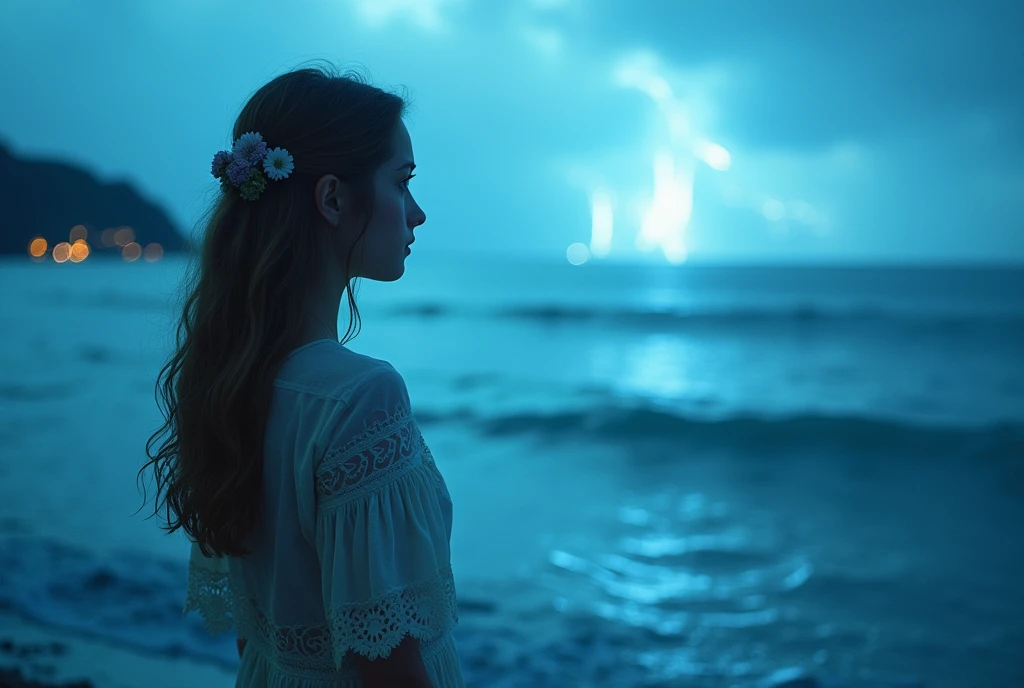 Photography (85mm): Capture the essence of a fantasy novel cover in a photograph, featuring a girl with magical prowess by the sea. Employ an 85mm lens to focus on the protagonist against a backdrop of a mystical seascape. The color temperature leans towards cool tones, enhancing the magical ambiance. The girl's expression exudes a sense of power and wonder, as the sea sparkles with ethereal lights, setting the stage for an epic tale.