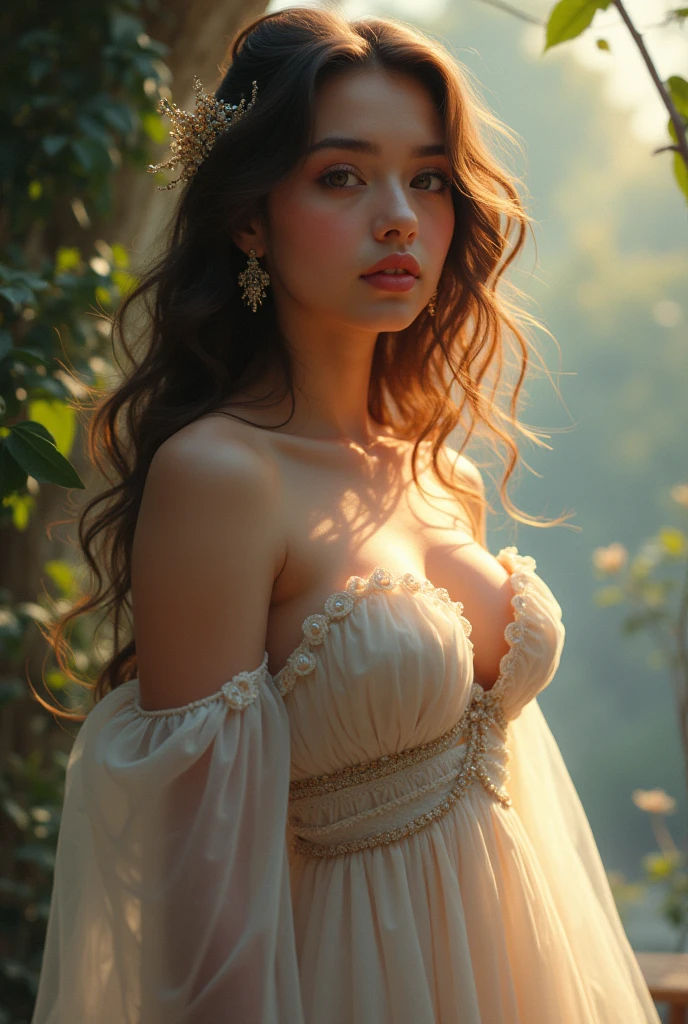 From above. portrait of a gorgeous European light blonde woman,(sophie turner), wavy red hair, (huge breasts),(bare breasts), she's a playboy magazine model. She has a subtle smile and flirts with the camera, (she presses her hands on her breasts,:1.4),( leaning slightly forward:1.4), ( she's standing upright in a French garden of a 18th century French castle, wearing a 18th century French countess dress, in the sunset light:1.2), perfect eyes, perfect hands, perfect body, perfect hair, perfect breast, hair behind ear, blurry foreground, UHD, retina, masterpiece, accurate, anatomically correct, textured skin, super detail, high details, high quality, award winning, best quality, highres, 16k, 8k,