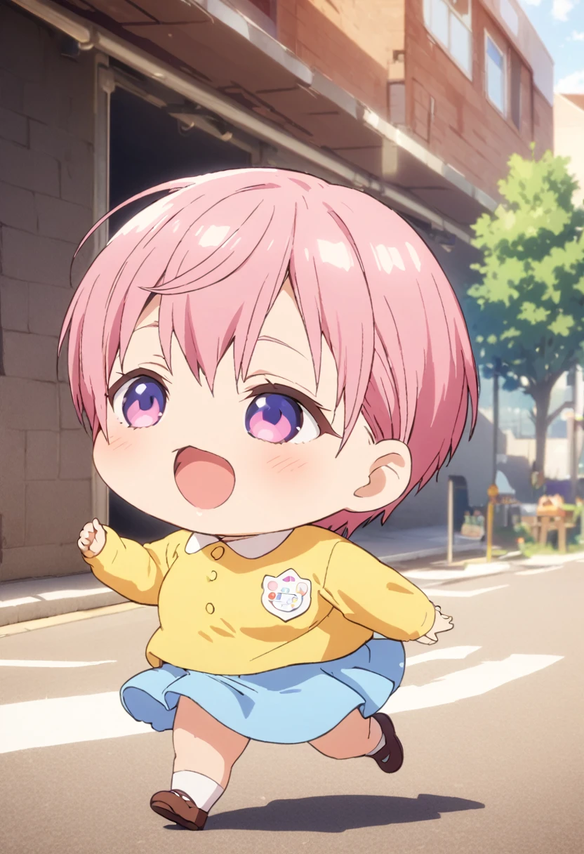 (Highest quality, 4K, 8k, High resolution, masterpiece:1.2), Very detailed, Picturesque, Animated Photography, Photo Animation:1.37)、Japanese schoolgirl、(Pink Hair)、(short hair)、stnding、(chibi:1.4),blue shirt,(kindergarten uniform:1.2),(yellow school hat:1.15),(blue skirt:1.1),(tulip-shaped name tag、いちか:1.05)、running at full speed、Full body photography、Nakano ichika
