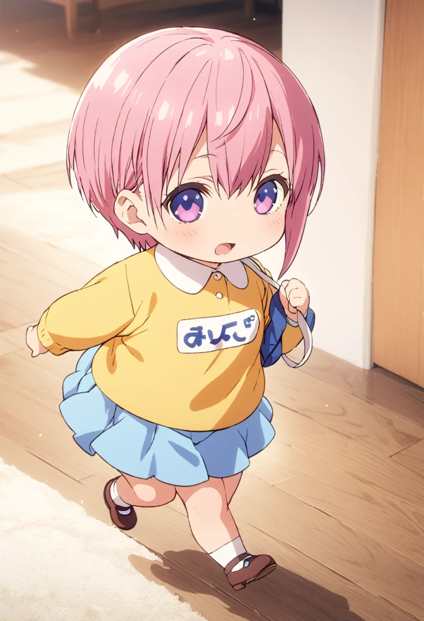 (Highest quality, 4K, 8k, High resolution, masterpiece:1.2), Very detailed, Picturesque, Animated Photography, Photo Animation:1.37)、Japanese schoolgirl、(Pink Hair)、(short hair)、stnding、(chibi:1.4),blue shirt,(kindergarten uniform:1.2),(yellow school hat:1.15),(blue skirt:1.1),(tulip-shaped name tag、いちか:1.05)、running at full speed、Full body photography、Nakano ichika