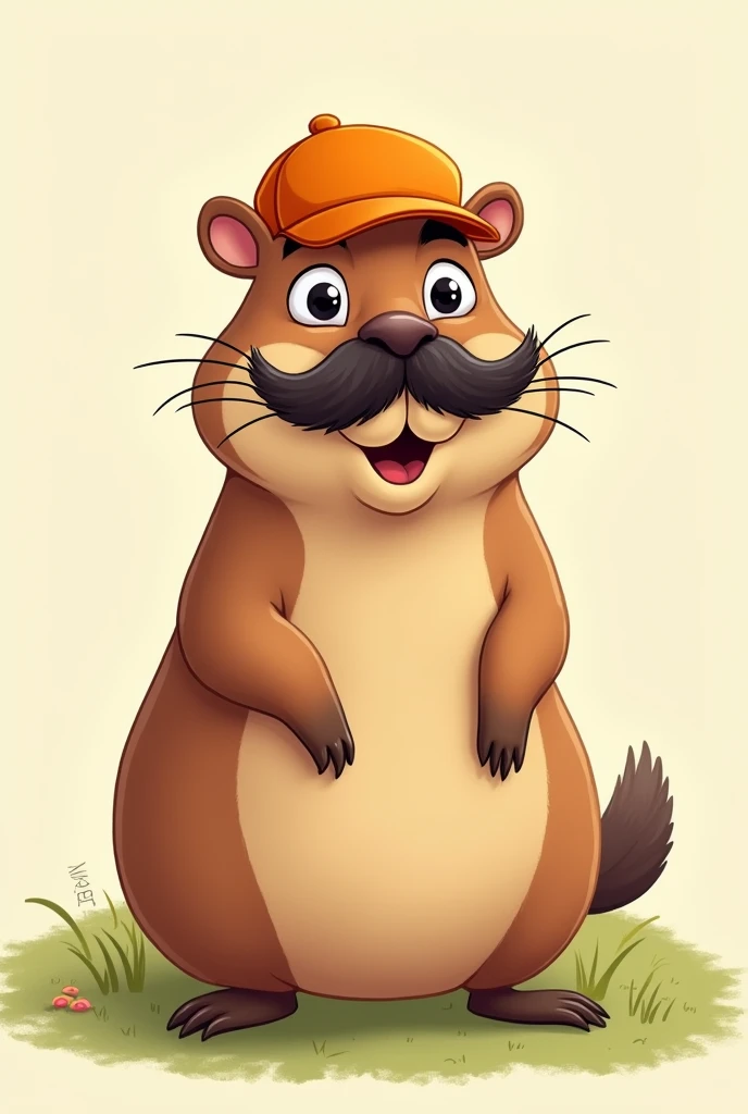 A cute capybara wearing a mustache and an orange cap cartoon drawing