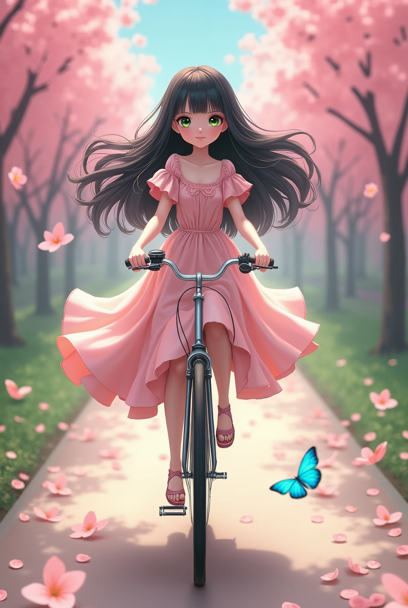 A 1 girl with strikingly beautiful appearance with big green emerald eyes with white porcelain skin with long black glossy hair floating around wearing light pink knee length frock riding a bicycle on road cover with cherry blossom trees with petals scattered around following a crystal blue butterfly
