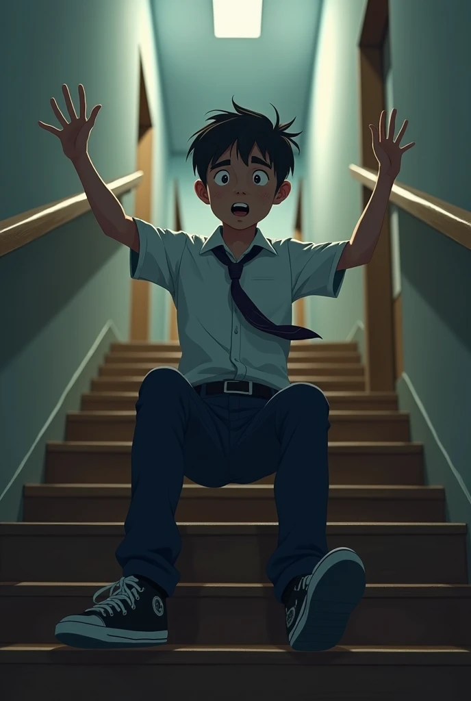 Teenage boy in uniform falls down stairs