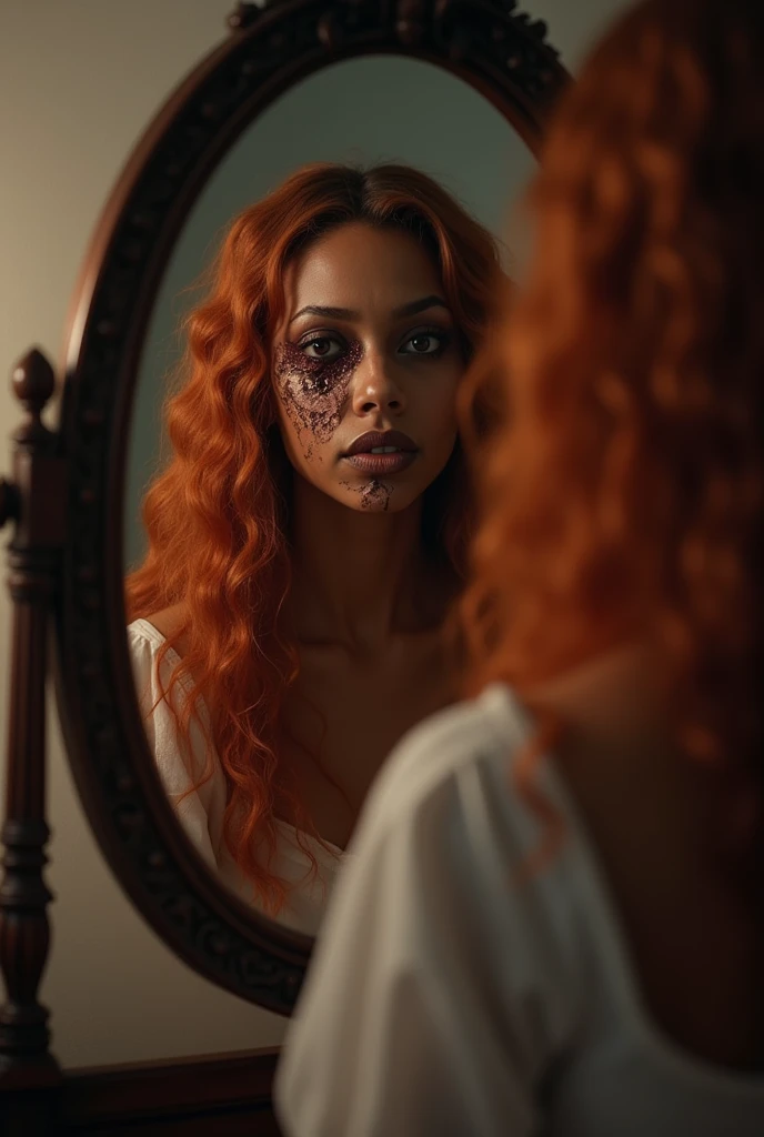 Beautiful black girl with wavy long orange hair, waking up shocked to see her reflection in the mirror. She was now very ugly. A part of her face had become bad. She was cursed