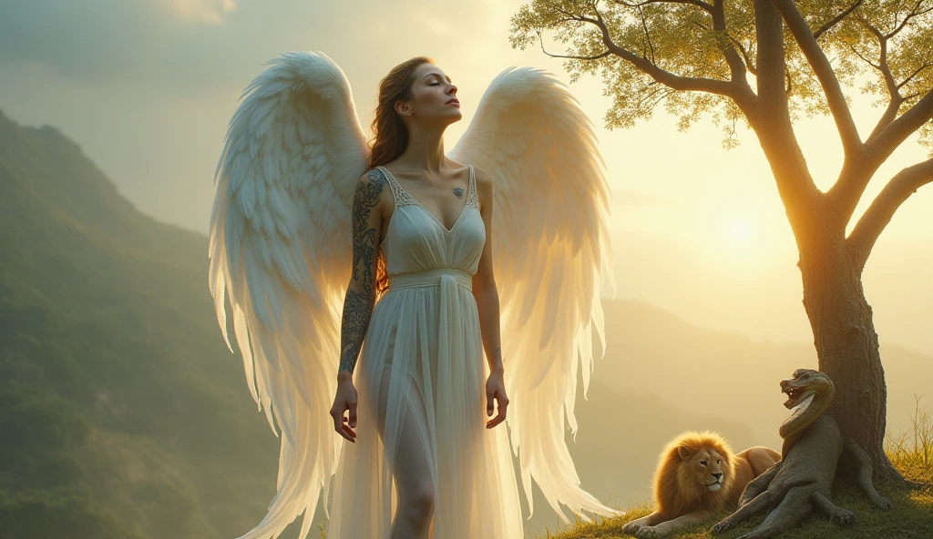 Wings of Serenity: The Angelic Guardian
In a soft, ethereal glow, an angel stands tall, her translucent white dress and stockings shimmering like misty dawn. Her large, snowy wings unfold from her back, their delicate feathers glistening with an otherworldly sheen. The intricate tattoos on her skin seem to pulse with life, as if the very essence of Eden's paradise is embodied within her.
Adam and Eve, depicted in loving embrace beneath the Tree of Knowledge, adorn her left arm. A pair of doves perch upon the branches, their feathers ruffled by an unseen breeze. A regal lion lies at the base, its mane a tumble of golden curls. To her right, a serpent coiled around the Tree's trunk appears to whisper secrets to Eve.
A gentle mist swirls about her ankles, as if the very essence of Eden's paradise has seeped into our world. Her gaze is cast upwards, toward some unseen horizon, where the sun breaks through the clouds in a warm, golden light. The air around her seems to vibrate with an angelic presence, imbuing the entire scene with an aura of serenity and peace.
(Fabric texture: highest quality silk-like material with subtle sheen)
(Background: Soft, gradient sky transitioning from pale blue to warm gold)
(Tattoos: Photorealistic, extremely detailed depictions of Adam and Eve, the Tree of Knowledge, and various animals and plants)
(Wings: Delicate, feathery texture with an otherworldly glow)
(Overall mood: Ethereal, serene, peaceful, with a hint of mystique)