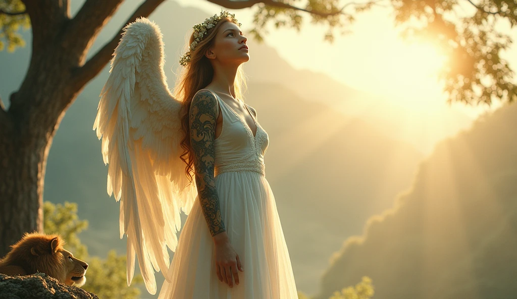 Wings of Serenity: The Angelic Guardian
In a soft, ethereal glow, an angel stands tall, her translucent white dress and stockings shimmering like misty dawn. Her large, snowy wings unfold from her back, their delicate feathers glistening with an otherworldly sheen. The intricate tattoos on her skin seem to pulse with life, as if the very essence of Eden's paradise is embodied within her.
Adam and Eve, depicted in loving embrace beneath the Tree of Knowledge, adorn her left arm. A pair of doves perch upon the branches, their feathers ruffled by an unseen breeze. A regal lion lies at the base, its mane a tumble of golden curls. To her right, a serpent coiled around the Tree's trunk appears to whisper secrets to Eve.
A gentle mist swirls about her ankles, as if the very essence of Eden's paradise has seeped into our world. Her gaze is cast upwards, toward some unseen horizon, where the sun breaks through the clouds in a warm, golden light. The air around her seems to vibrate with an angelic presence, imbuing the entire scene with an aura of serenity and peace.
(Fabric texture: highest quality silk-like material with subtle sheen)
(Background: Soft, gradient sky transitioning from pale blue to warm gold)
(Tattoos: Photorealistic, extremely detailed depictions of Adam and Eve, the Tree of Knowledge, and various animals and plants)
(Wings: Delicate, feathery texture with an otherworldly glow)
(Overall mood: Ethereal, serene, peaceful, with a hint of mystique)