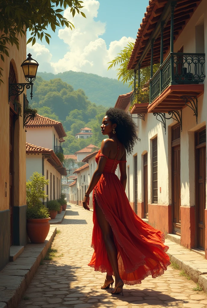 black woman walking in a 17th century Brazilian colonial village.

