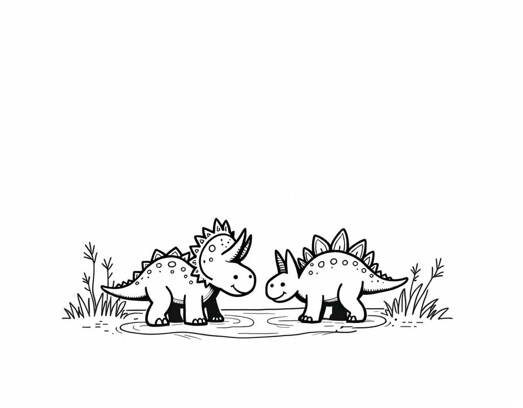 Black and white coloring book, Adorable and minimalistic kids print of a Triceratops and Stegosaurus grazing peacefully by a river