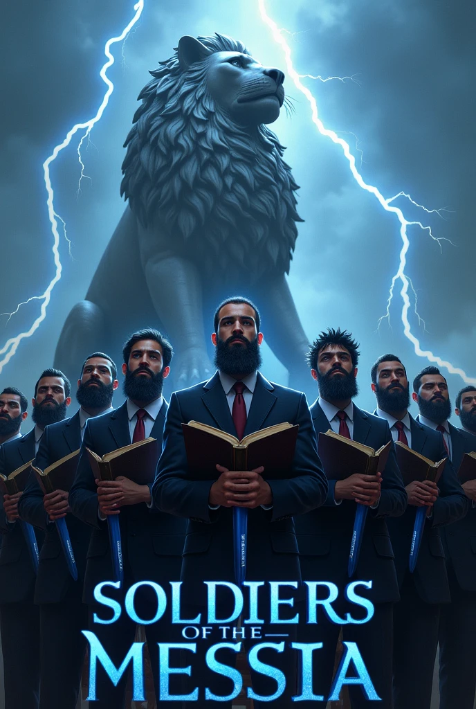 young men ascending with black beard standing arranged straight side to side ,wearing suit, a huge statue of lion behind the men, lightning all over the place,each of them holding a blue sword with their right hand,each bible on the other left hand, write boldy with blue and whit color "Soldiers of the Messia..." at the bottom