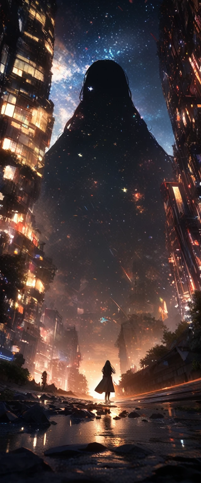 8K,Extremely detailed CG unit wallpaper, masterpiece,high resolution,Top quality,Top quality real texture skin,Surrealism,提high resolution,RAW photos,Best quality,Very detailed,wallpaper,Movie Lighting,Ray Tracing,Golden Ratio, rest ,Beautiful winter night sky，Many stars twinkle, Long exposure of starry sky，Full of circular star tracks, Silhouette of a cute young woman with long hair，She put her hands in her coat pockets，Look up at it, Photos taken from a distance, Photo below, Beautiful kaleidoscope multiple exposure overlap