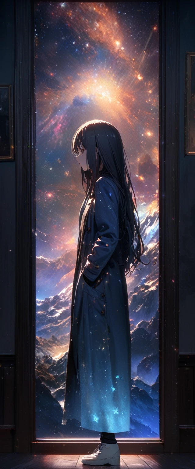 8K,Extremely detailed CG unit wallpaper, masterpiece,high resolution,Top quality,Top quality real texture skin,Surrealism,提high resolution,RAW photos,Best quality,Very detailed,wallpaper,Movie Lighting,Ray Tracing,Golden Ratio, rest ,Beautiful winter night sky,Many stars twinkle, Long exposure of starry sky,Full of circular star tracks, Silhouette of a cute young woman with long hair,She put her hands in her coat pockets,Look up at it, Photos taken from a distance, Photo below, Beautiful kaleidoscope multiple exposure overlap