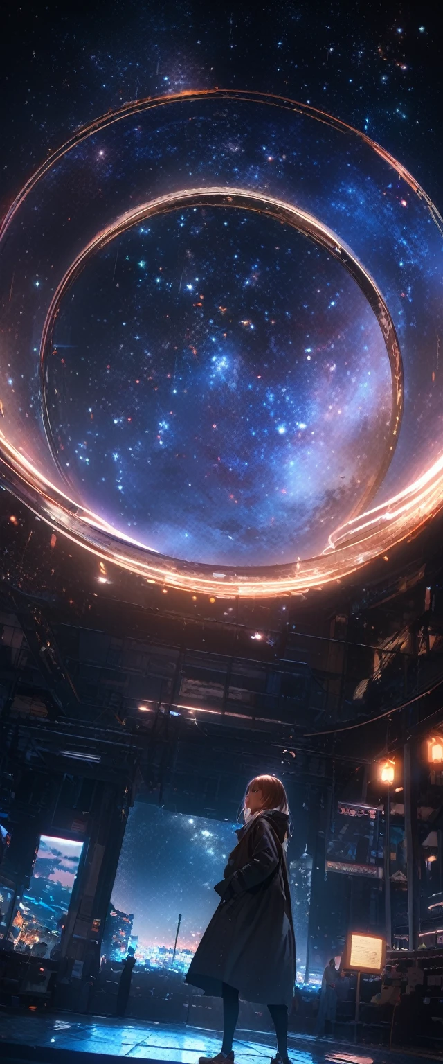 8K,Extremely detailed CG unit wallpaper, masterpiece,high resolution,Top quality,Top quality real texture skin,Surrealism,提high resolution,RAW photos,Best quality,Very detailed,wallpaper,Movie Lighting,Ray Tracing,Golden Ratio, rest ,Beautiful winter night sky,Many stars twinkle, Long exposure of starry sky,Full of circular star tracks, Silhouette of a cute young woman with long hair,She put her hands in her coat pockets,Look up at it, Photos taken from a distance, Photo below, Beautiful kaleidoscope multiple exposure overlap