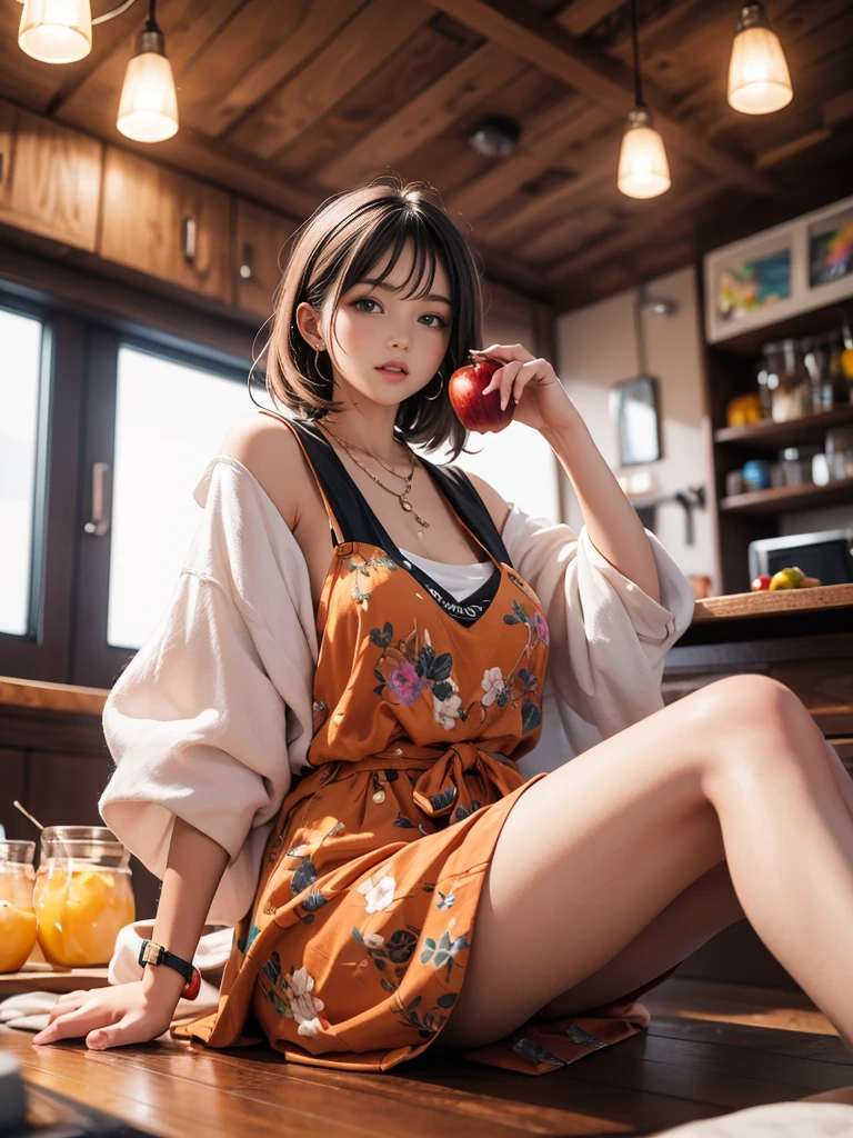 (masterpiece),  in room,  sitting,  table,  head tilt,  I look at the viewer,  hold a peach,  1 Girl,  light imperceptible smile,  Medium hair,  light brown hair, peel a peach, рядом на tableе тарелка с персиками(realistically repeated reproduction of a painting "Girl with peaches")
