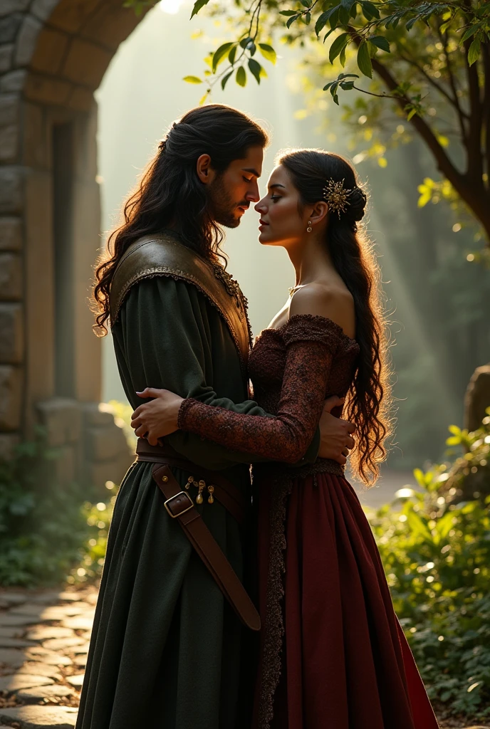 Aragorn and Arwen in Rivendell embracing, exterior of Rivendell, lots of the rings