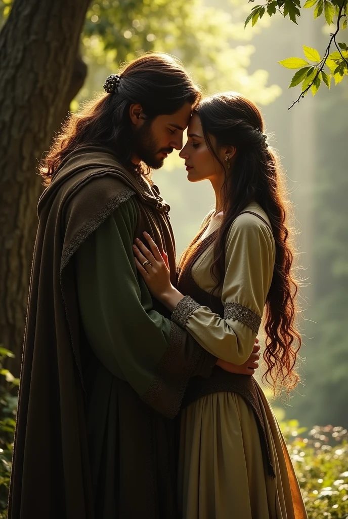 Aragorn and Arwen in Rivendell embracing, exterior of Rivendell, lots of the rings