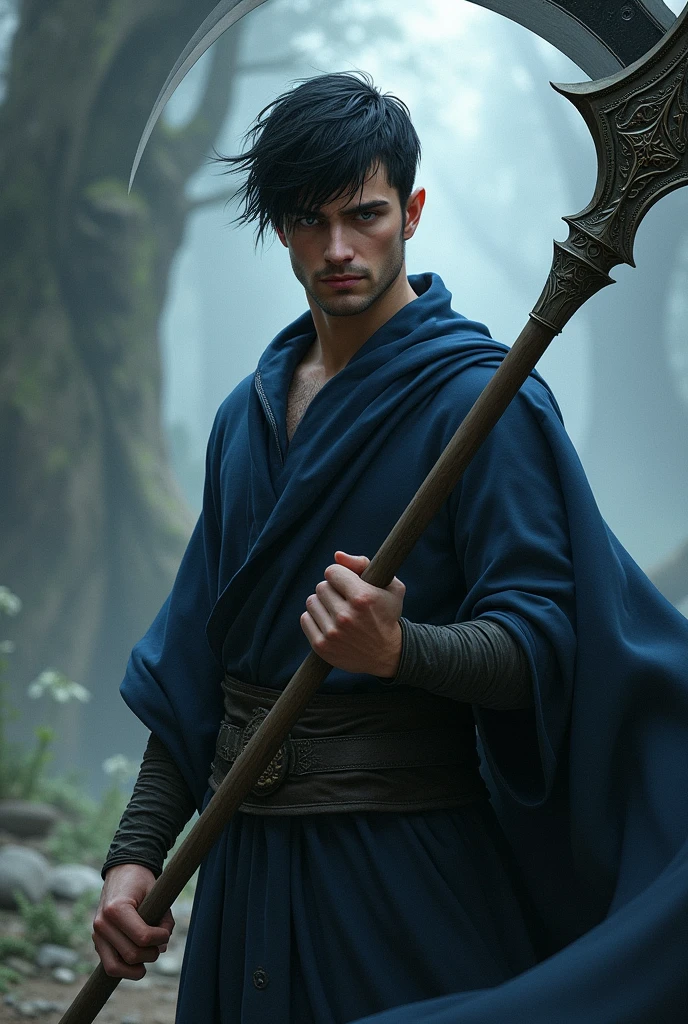 A half-elf man with short black hair and bangs, dark blue tunic with a large scythe.