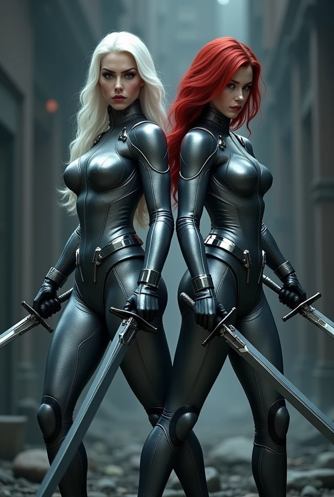 Redhead woman and white hair woman in silver avengers outfit, holding swords in a dark place at night